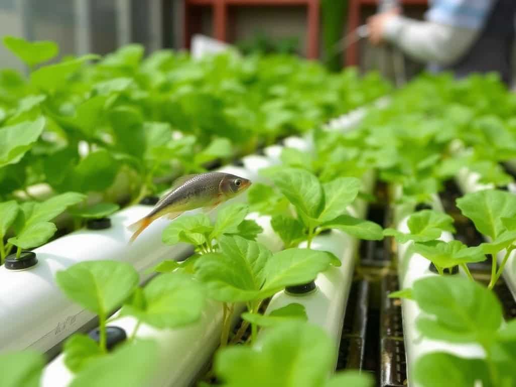 A vibrant aquaponics system featuring lush green plants growing above a clear tank filled with fish, showcasing the harmony of sustainable farming.