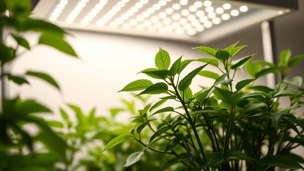 Indoor growing setup with LED lighting fixture illuminating lush green plants