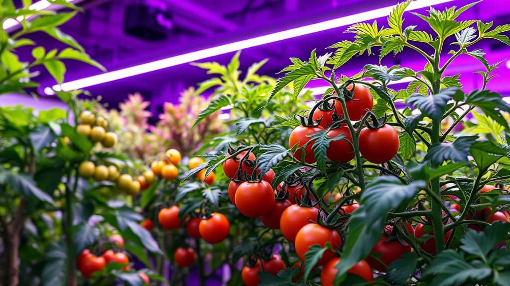 Lush indoor garden with thriving tomato plants bearing an abundance of ripe, red tomatoes under the glow of vibrant LED grow lights.