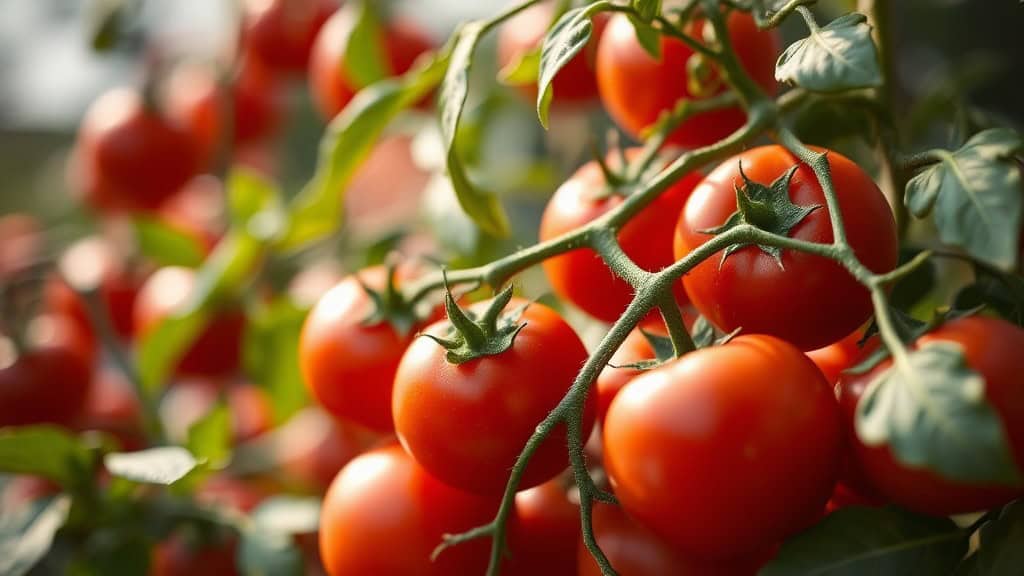 An image capturing the rich, natural colors and textures of a flourishing tomato plant, its branches heavy with a bountiful crop of fresh, sun-ripened tomatoes.