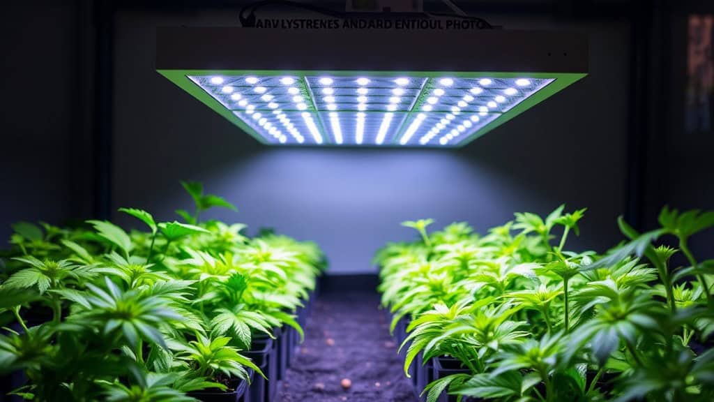 Optimized Indoor Cultivation: A hydroponic grow room featuring a large array of LED lights that provide the ideal spectrum and intensity for healthy plant growth.