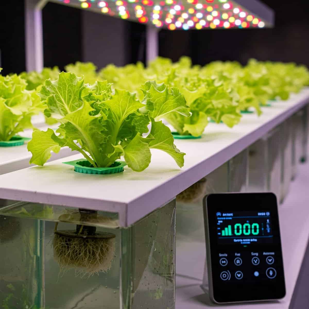 Hydroponic lettuce cultivation: A modern indoor gardening setup with leafy green lettuce plants growing in a climate-controlled environment, monitored by a digital display on a smartphone.