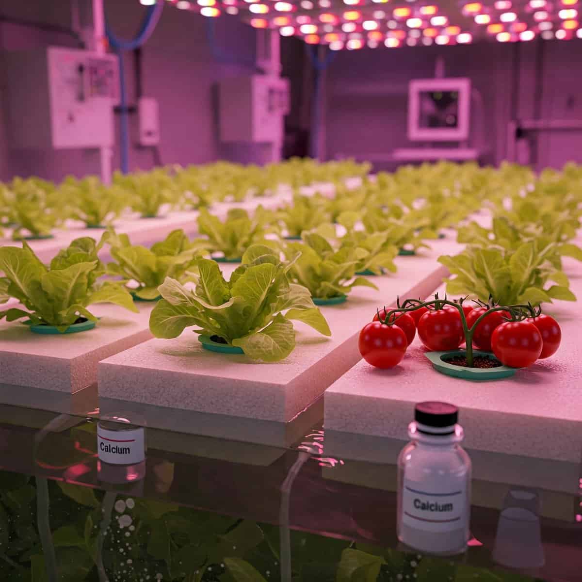 An indoor hydroponics growing system with lush green lettuce heads and ripe tomatoes on display, surrounded by bright pink and purple lighting.