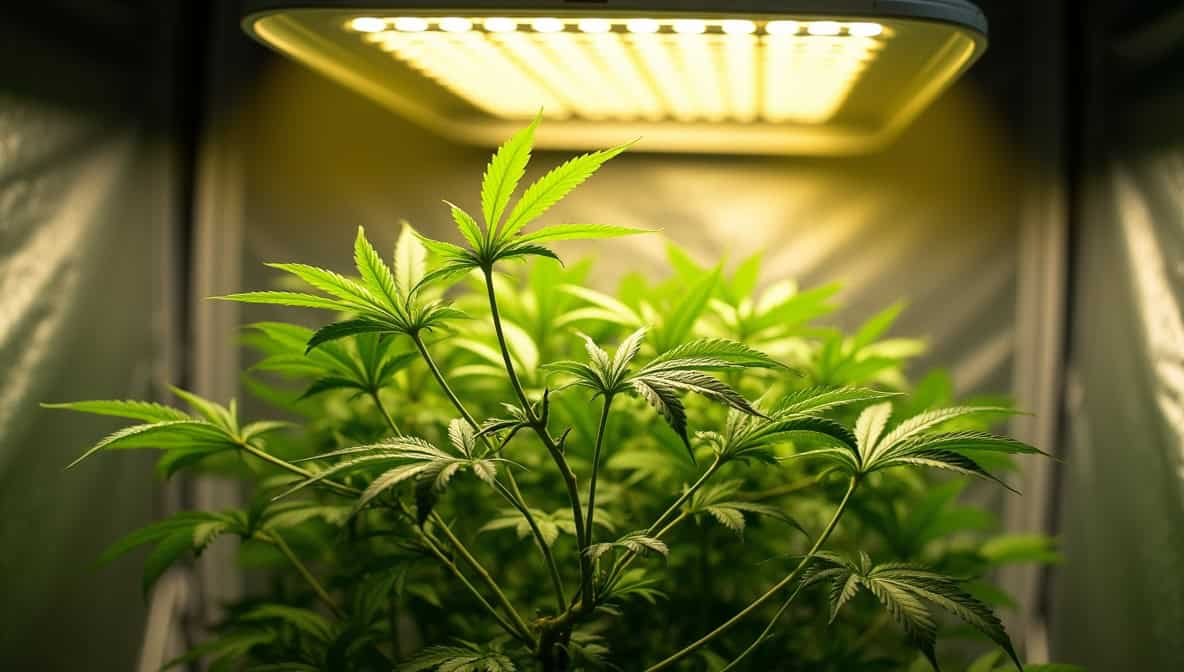 Lush cannabis plant growing under artificial lighting, showcasing the vibrant green leaves and delicate structure.