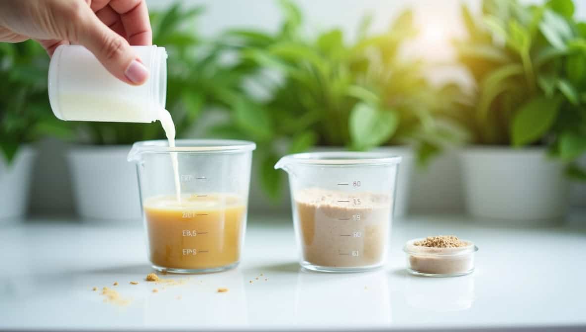 A person's hand is pouring a liquid hydroponic nutrient solution into a measuring cup, alongside another cup containing a powdered hydroponic nutrient formulation, showcasing the different forms of hydroponic nutrients.