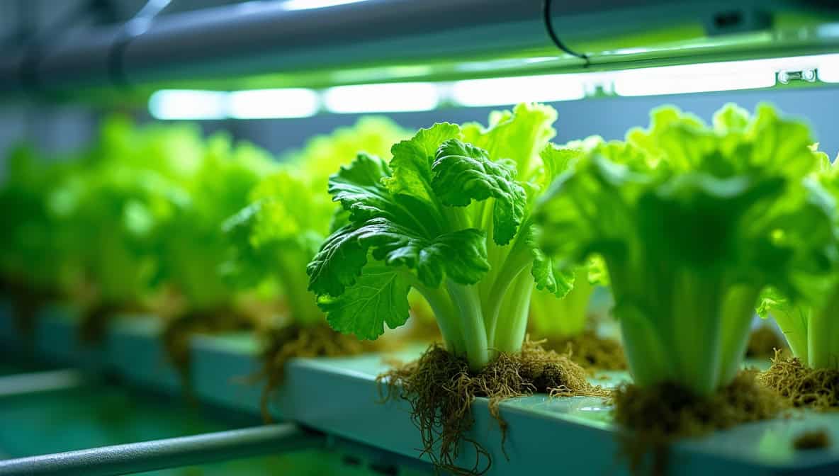 A close-up view of healthy, verdant lettuce plants nourished in a greenhouse-like setup, emphasizing the role of nutrient balance in maximizing their growth potential.