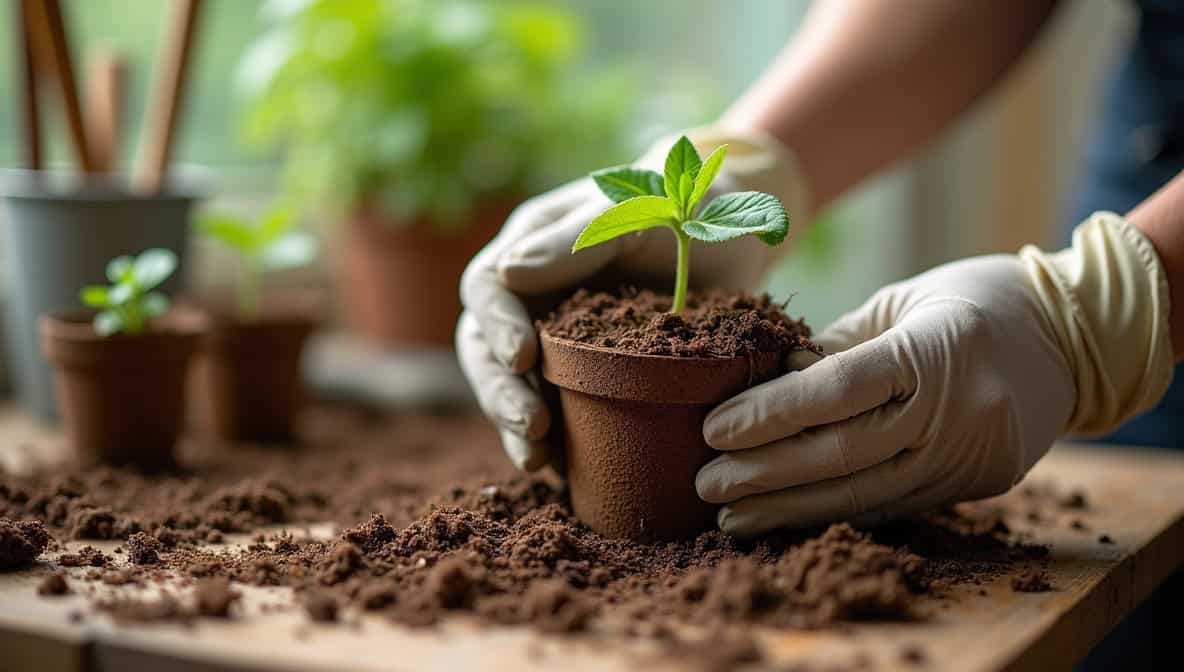 A person's hands carefully tending to a freshly potted seedling, demonstrating the care and attention required to provide the best grow media for young plants to thrive.