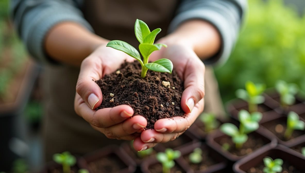 A person's palms cupping a thriving green sprout emerging from a blend of soil and organic matter, demonstrating the key aspects of choosing a mix of grow media for optimal plant growth.