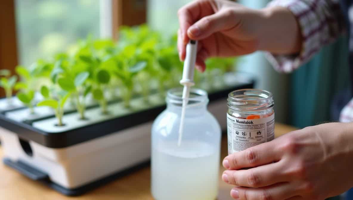 Hands carefully measuring and mixing nutrients in a glass container, with a small hydroponic system visible in the background