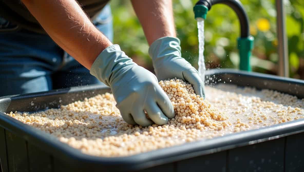Hands in gloves rinsing and cleaning used hydroponic growing medium, such as perlite or expanded clay, to prepare it for reuse in a hydroponics system.