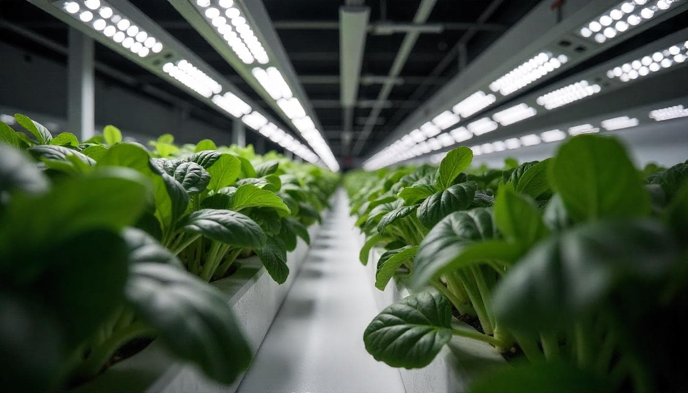 Rows of flourishing leafy greens illuminated by a carefully calibrated lighting system, showcasing the critical role of optimal height grow lights height to promote healthy plant growth in indoor farming operations.