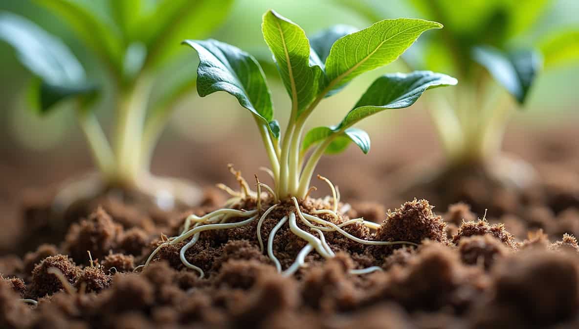 Close up of a young plant's intricate root structure anchored in fertile soil, demonstrating the crucial role of grow media in providing a nurturing environment for plant growth.