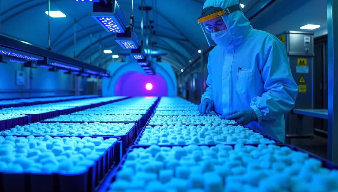 Worker in protective gear inspecting sterilized grow media trays in a controlled environment with blue-tinted lighting, highlighting the importance of sanitization in grow operations.