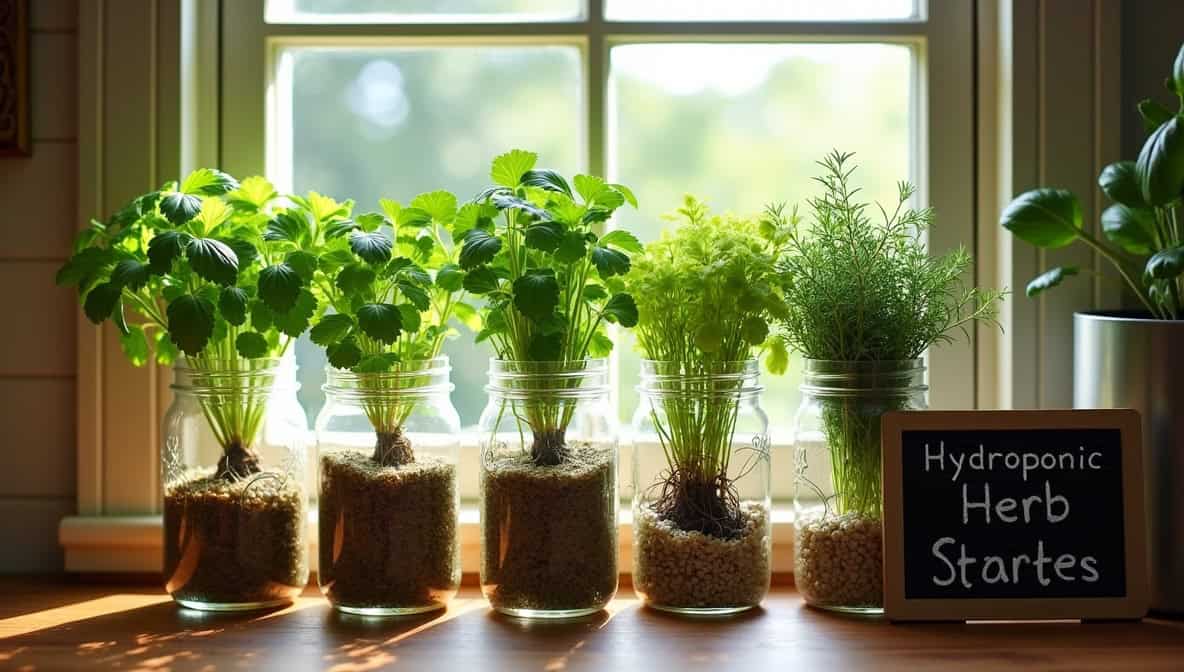 Various herbs, including mint, dill, and rosemary, growing in mason jars filled with hydroponic grow media on a windowsill.