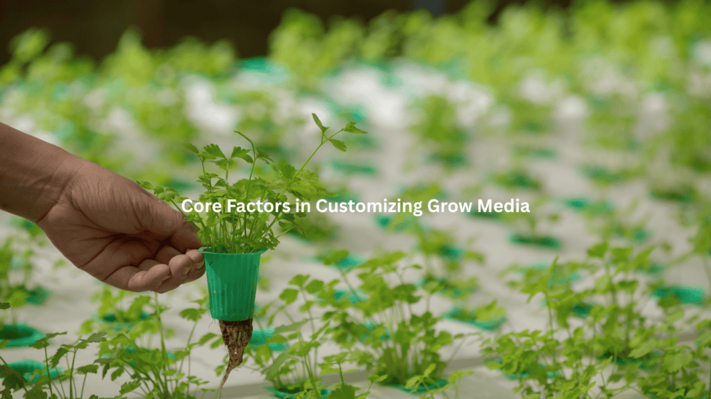 Closeup of a small plant in a container amidst a blurred natural background, accompanied by the text "Core Factors in Customizing Grow Media"