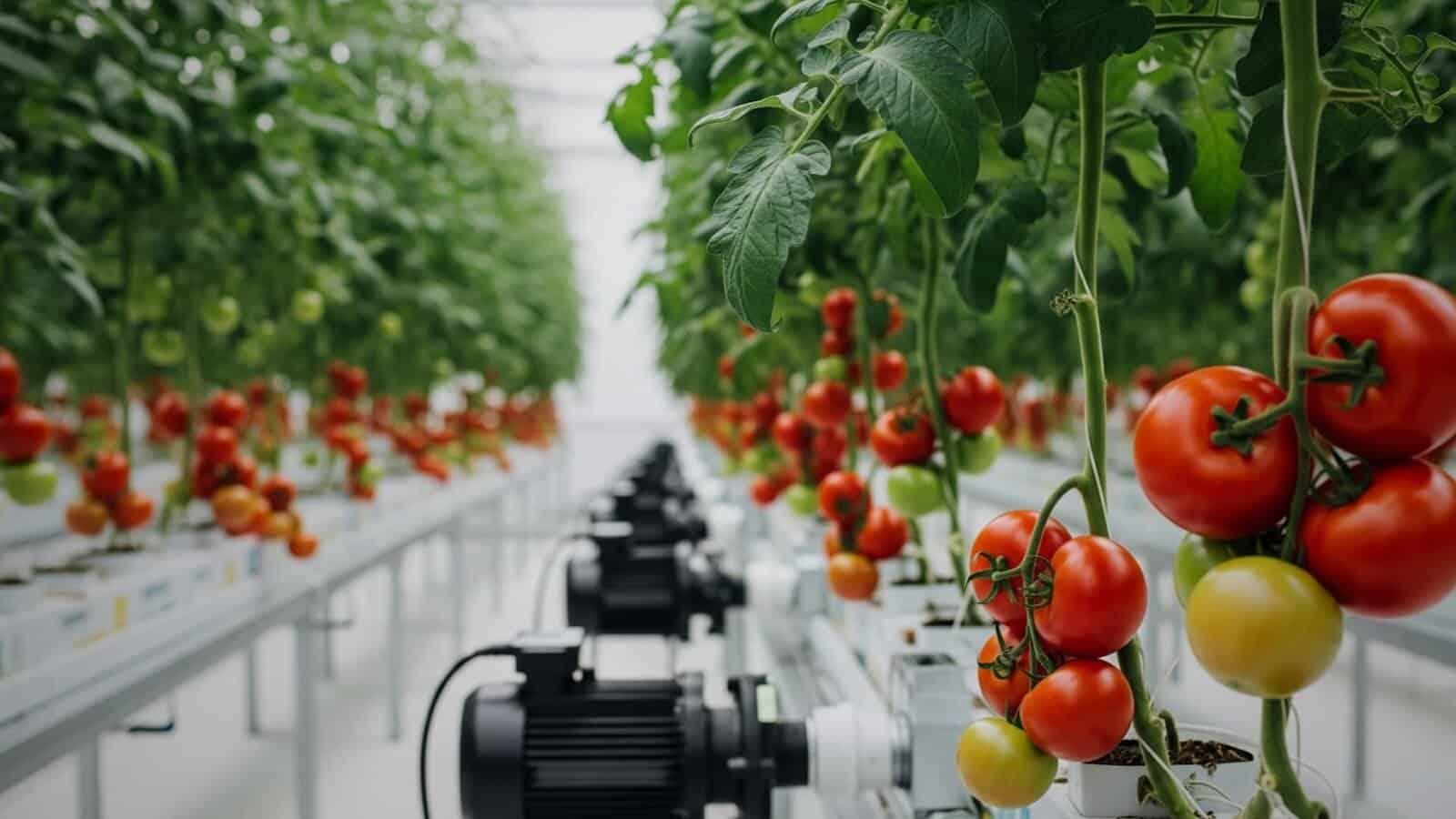 hydroponic-drip-irrigation-with-pump-system-for-tomato-cultivation Drip irrigation system in a modern hydroponic tomato farm using clean, minimalist pump setup for precise nutrient delivery.