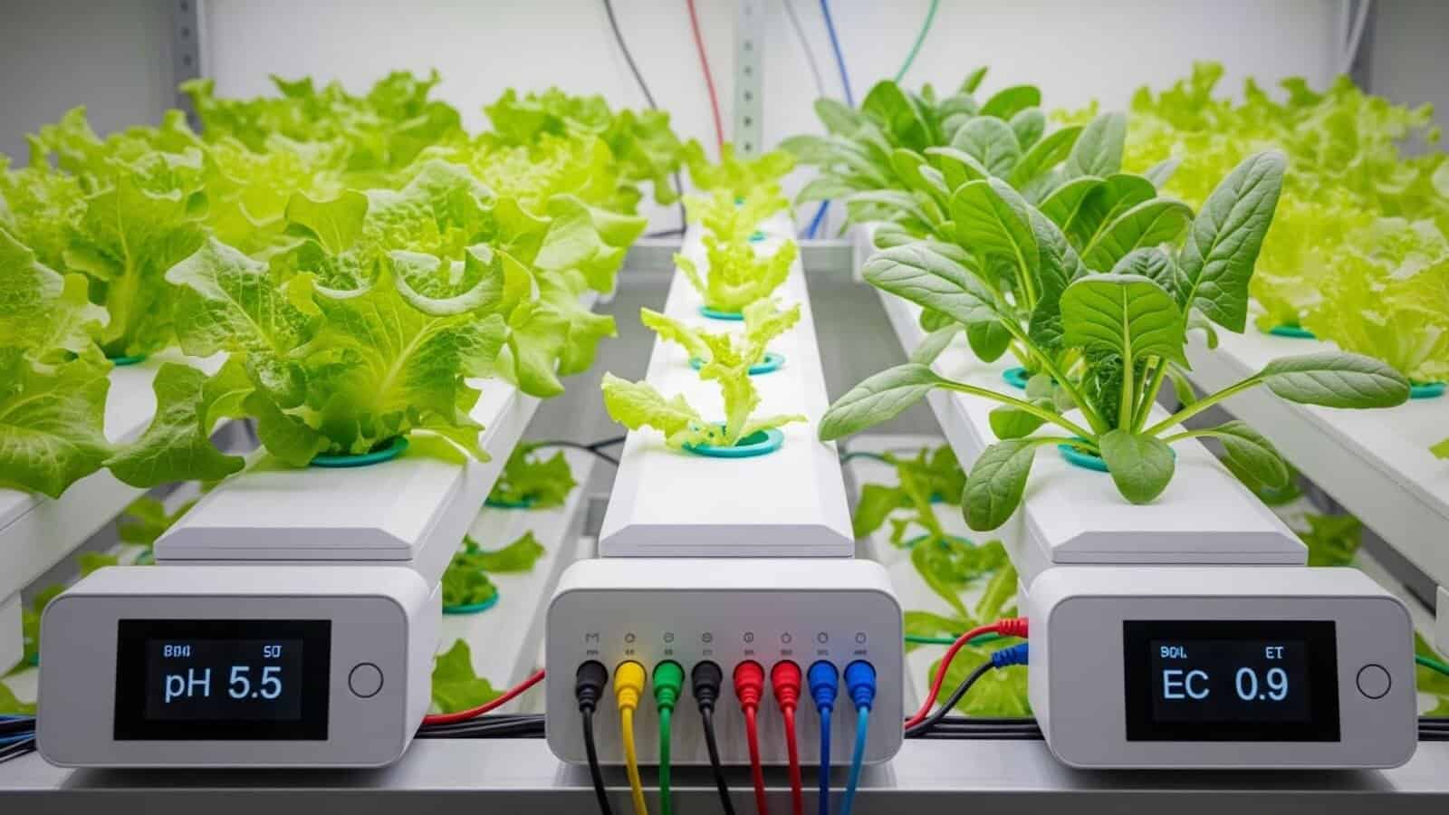 smart-ph-and-ec-monitoring-system-in-hydroponic-leafy-green-setup Smart hydroponic system for leafy greens with digital pH and EC control, featuring real-time monitoring sensors and automated nutrient adjustments in NFT setup.