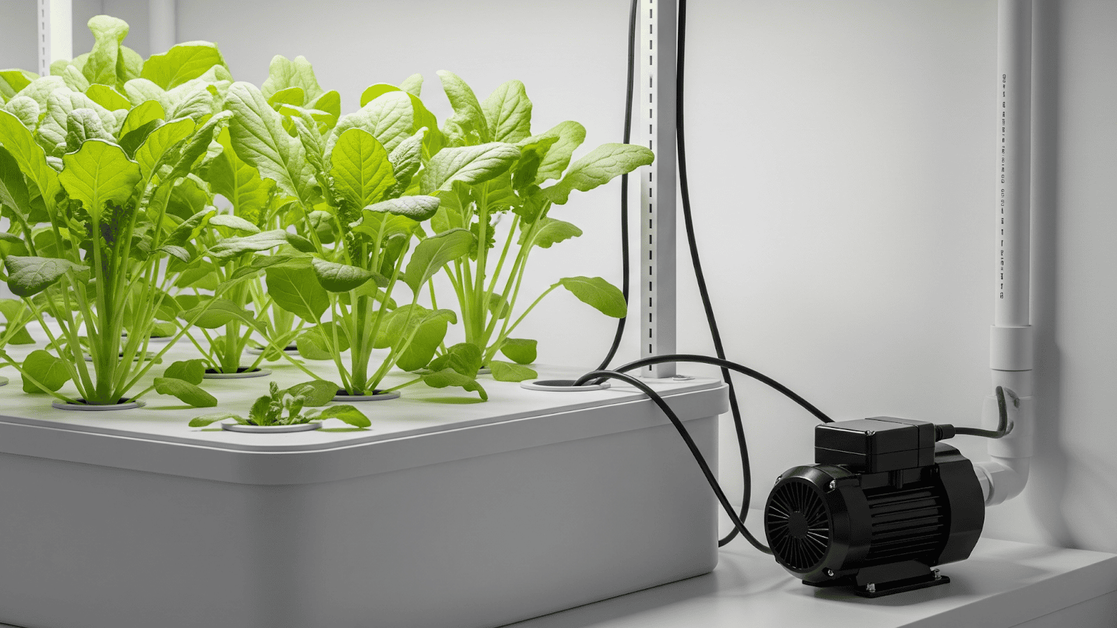 water-pump-hydroponics-system A hydroponic system with lush green vegetables growing in a white container, connected to a black electric water pump and PVC piping for nutrient circulation.